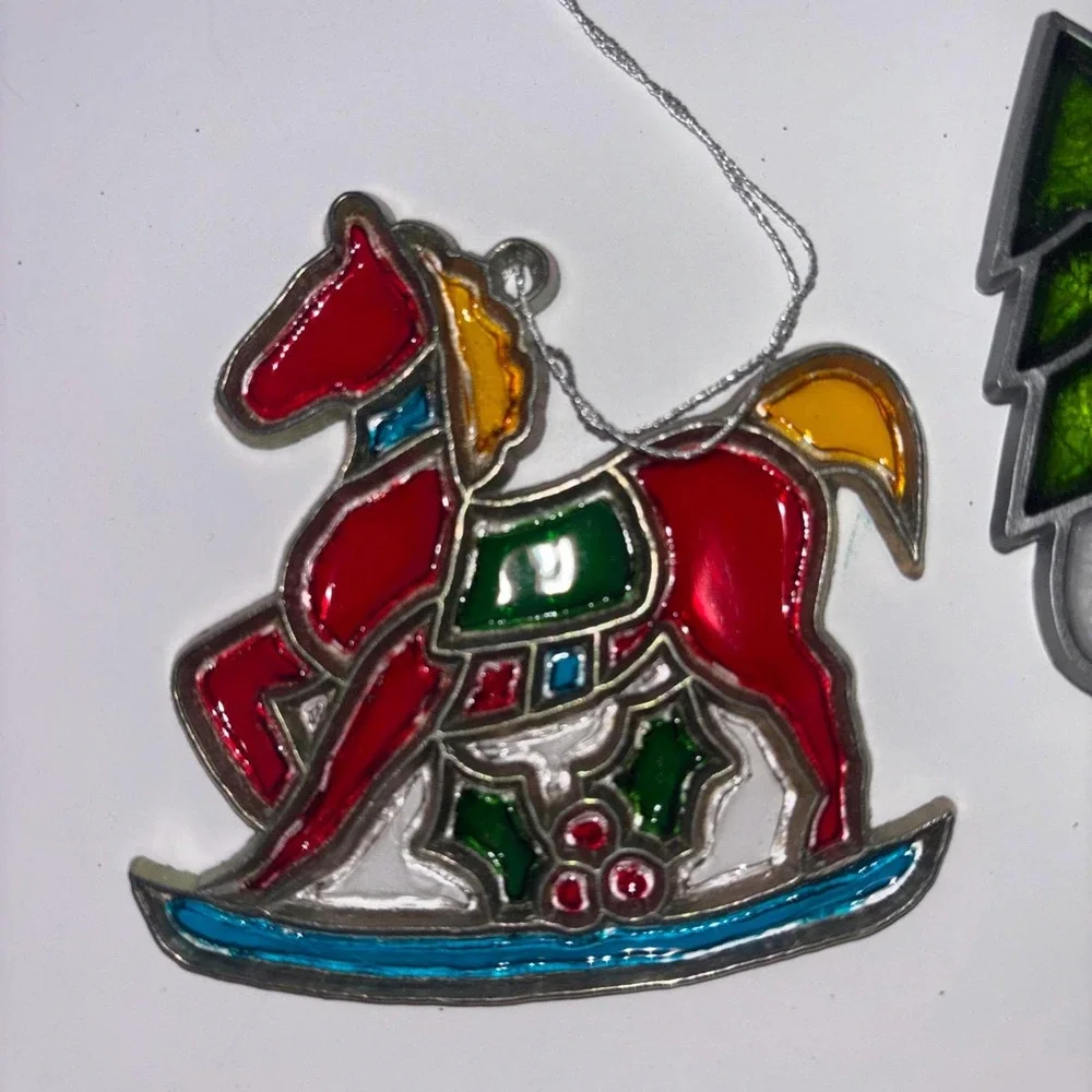 Vtg Christmas Metal Stained Glass Suncatcher Lot 6 Santa Snowman Rocking Horse